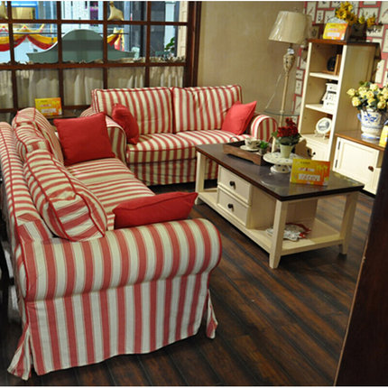 美式乡村可拆洗布艺沙发韩式田园红色条纹小户型客厅小沙发组合
