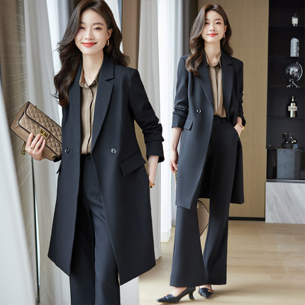 黑色西装风衣外套女春秋季2023新款小个子气质韩版大衣中长款套装