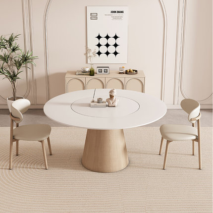 奶油风实木岩板圆餐桌家用带转盘现代简约饭桌北欧原木色纯白圆桌
