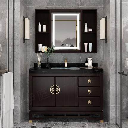 新中式浴室柜橡木落地式卫生间智能洗漱台镜柜双盆洗手脸盆柜组合