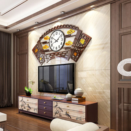 中式扇子钟表墙贴3d立体客厅墙壁贴画电视背景墙面装饰品挂件自粘