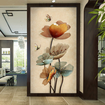 玄关背景墙3d墙纸走廊过道定制壁画现代简约中式壁纸蝴蝶荷花墙布