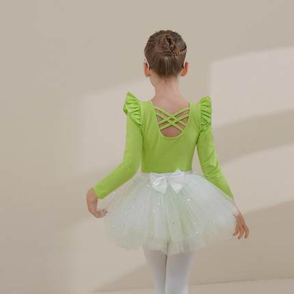 儿童舞蹈服纯棉绿色女童练功服幼儿芭蕾舞亮片纱裙套装秋冬中国舞