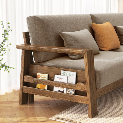 北欧实木沙发现代简约客厅小户型木质转角三人沙发胡桃色布艺沙发
