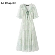 拉夏贝尔/La Chapelle娃娃领雪纺碎花连衣裙女夏季小清新绿色裙子