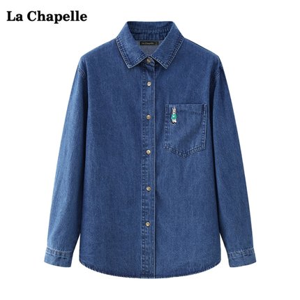 拉夏贝尔/La Chapelle兔子刺绣牛仔衬衫女春秋小个子百搭衬衣上衣
