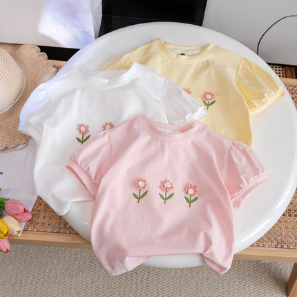 女童T恤韩版短袖夏款纯棉洋气可爱宝宝立体小花半袖上衣儿童装潮3