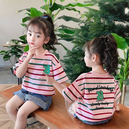 韩系女童短袖T恤夏装2024新款韩版儿童条纹汗衫中大童百搭棉质潮
