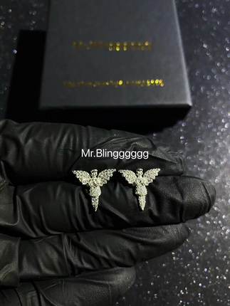 Mr.Blingggggg欧美嘻哈珠宝 S925纯银满钻天使翅膀三角形耳环耳钉