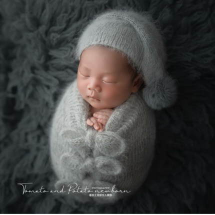 新生儿摄影帽子道具欧美新款貂毛真兔皮毛球帽子宝宝儿童摄影道具
