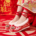 原创红色古风汉服婚鞋中式复古秀禾婚鞋高跟新娘结婚鞋坡跟绣花鞋