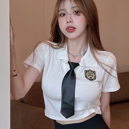 JK制服上衣学院风夏季小个子韩版修身显瘦POLO衫纯色短袖T恤女