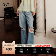 SLY 夏季新品复古做旧破洞毛边高腰直筒牛仔裤038GSL11-3290