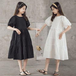 女童夏装裙子2024新款韩版白色公主裙女大童过膝长裙泡泡袖连衣裙