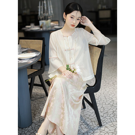 SHIBAI拾白新中式2024夏季粉色时尚气质国风上衣吊带裙两件套套装