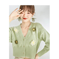 春季百搭设计感小众V领针织开衫短款绿色花朵毛衣女长袖外套