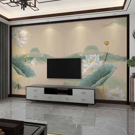 墙纸3d新中式禅意荷花电视背景墙壁纸客厅壁画沙发墙布影视墙壁布