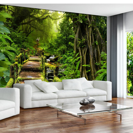 3d立体绿色森林风景墙纸电视背景墙壁纸客厅沙发田园竹林墙布壁画