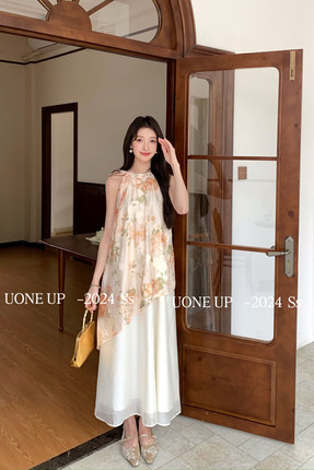 Uone 2024新中式温柔风复古气质温柔拼接假2件连衣裙长裙(配领带)