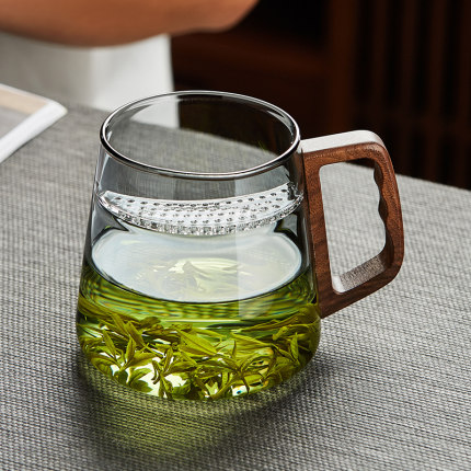 月牙玻璃杯耐高温带把手茶水分离办公喝水绿茶杯家用高硼硅泡茶杯
