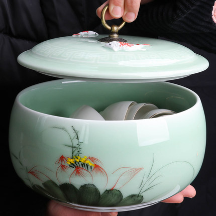 大号茶洗碗茶渣缸带盖客厅家用青瓷手绘水盂笔洗中式建水洗茶杯盆