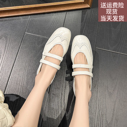 羊皮版~银色玛丽珍鞋女2024夏季新款雕花芭蕾鞋休闲运动平底单鞋