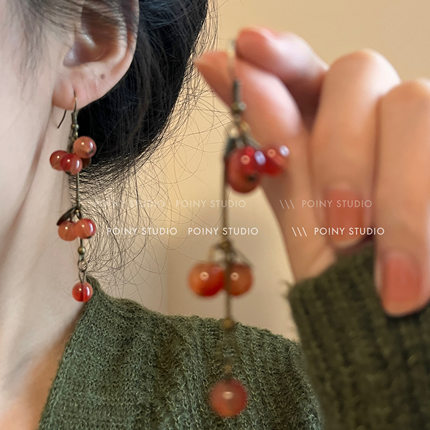 中国风独特设计红果子耳环女森系长款耳坠气质高级感复古耳饰耳夹