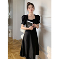 黑色连衣裙女2024夏季新款法式赫本风高级感蝴蝶结镂空小众中长裙