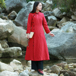 肌理感棉麻春秋女装红色连衣裙中长款加厚中国风禅服女打底裙茶服