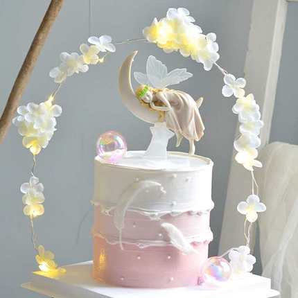 唯美月亮花仙子摆件 白色花拱门翅膀情侣七夕情人节蛋糕装饰摆件