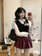 韩系学院风三件套甜心针织背心辣妹显瘦衬衫格子半身裙校园风套装
