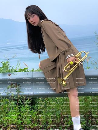 麦麦摄影 日系jk学院风棕色纯色中裙长袖制服套装