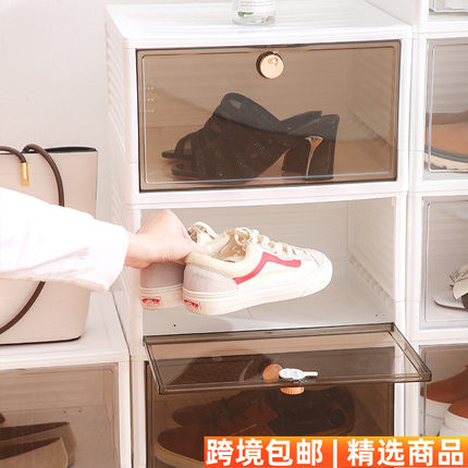 简约塑料收纳折叠鞋盒透明PS可视面板可叠加折叠鞋柜存放展示鞋盒