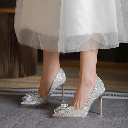尖头法式水晶高跟鞋女细跟2024年新款公主蝴蝶结婚鞋新娘两穿单鞋