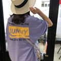 K2M短袖T恤女夏装2018新款韩版宽松休闲下身失踪中长款紫色上衣女