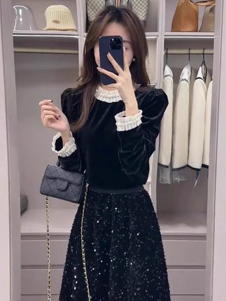 黑色金丝绒衬衫女气质春秋2024新款韩版时尚高级感洋气泡泡袖上衣