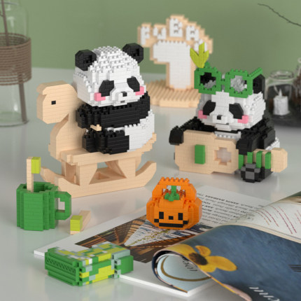 爿乜国宝大熊猫花花益智小颗粒拼插积木拼装男女儿童创意礼物玩具
