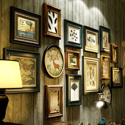 实木照片墙美式客厅餐厅背景墙相片墙轻奢相框免打孔复古画框组合