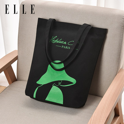 ELLE&赫本猫帆布包女时尚帆布袋单肩手提包收纳袋环保购物袋包包