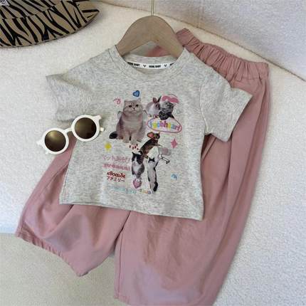 女童韩版猫咪短袖T+粉色休闲裤套装2024夏女宝洋气两件套网红童装