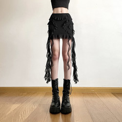 KLIOU 法式辣妹风荷叶边飘带黑色半身裙女设计感显瘦高腰包臀短裙