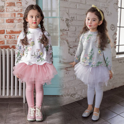 秋季女童套装2020新款洋气两件套时髦纯棉假两件裙裤花朵卫衣韩版