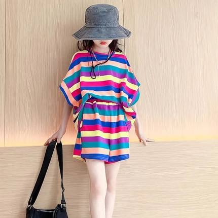 女童夏款套装韩版新款时尚网红彩虹条纹衣服小女孩洋气时髦两件套