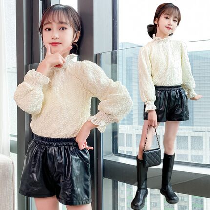 女童打底衫加绒加厚秋冬装2020新款韩版中大童高领洋气蕾丝T恤潮