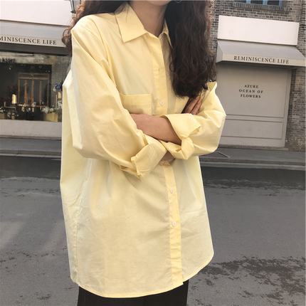 韩版春装鹅黄色衬衫棉上衣小鸡黄衬衣纯色亮黄色淡黄色上衣外套女