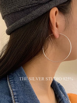 s925通体纯银大圈圈细圆圈耳环个性夸张欧美大耳环极简约纯银耳圈