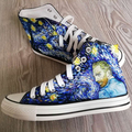 新款梵高2023春夏至爱Van Gogh星空手绘涂鸦高帮帆布鞋板鞋