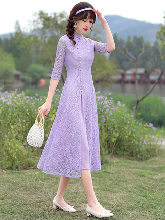 新式旗袍年轻款2024年新款春款中袖改装紫色气质中国风奥黛连衣裙
