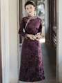 长袖奥黛旗袍连衣裙紫色端庄大气改装日常可穿冬妈妈大码秋冬加厚