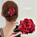 31街新年红发夹气质玫瑰花朵头饰复古风情后脑勺一字扭夹原创设计